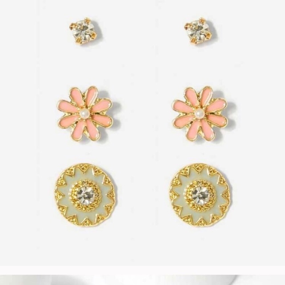 Adorable Stud Earring Trio pink flower, mandala
